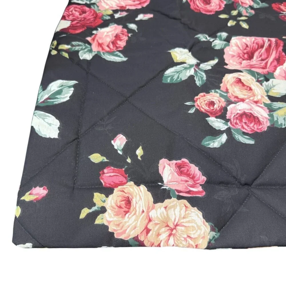 Cabbage Rose Floral Pillow Sham Quilted Black Pink Cotton Blend Pillowcase NEW